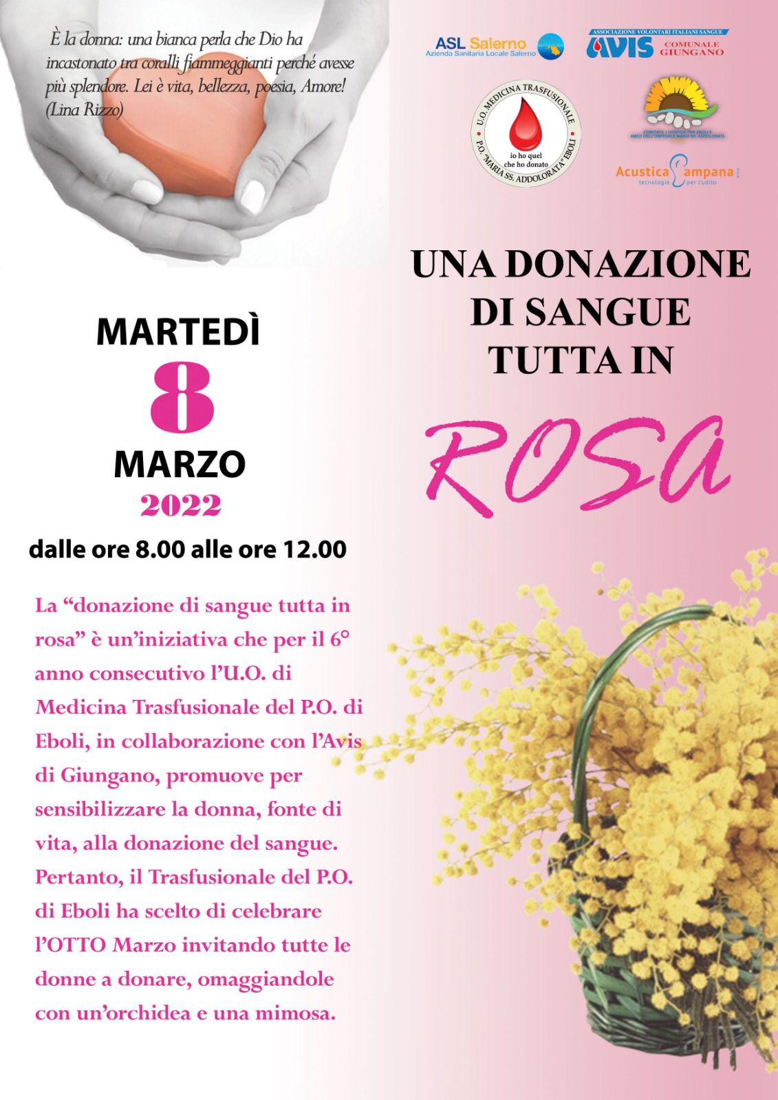 EBOLI. Martedì 8 marzo iniziativa speciale: “Donazione tutta tinta in Rosa “-PRESSO IL CENTRO TRASFUSIONALE DELL’OSPEDALE CITTADINO