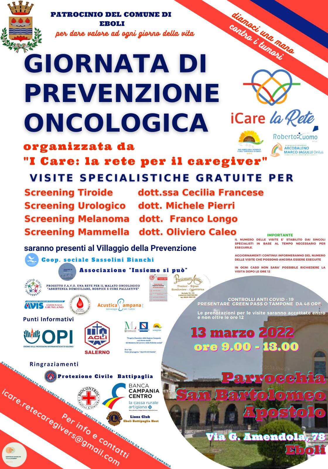 «Giornata di prevenzione oncologica»: Domenica 13 marzo, a partire dalle ore 9 e fino alle ore 13, presso la Parrocchia di S. Bartolomeo Apostolo, Eboli