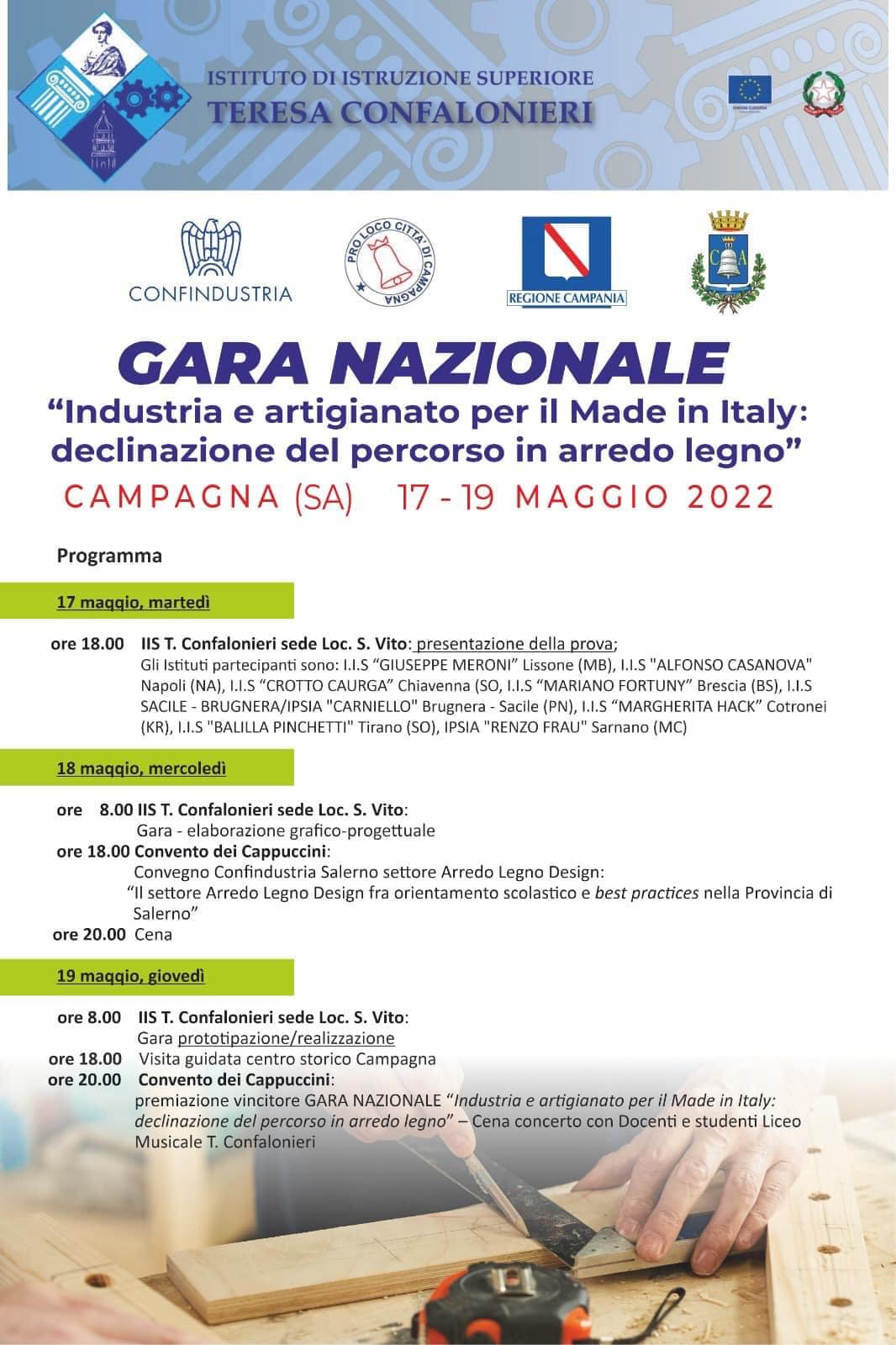 CAMPAGNA 17/18/19 Maggio 2022 – GARA NAZIONALE “Industria e artigianato per il Made. in Italy: declinazione del percorso in arredo legno”