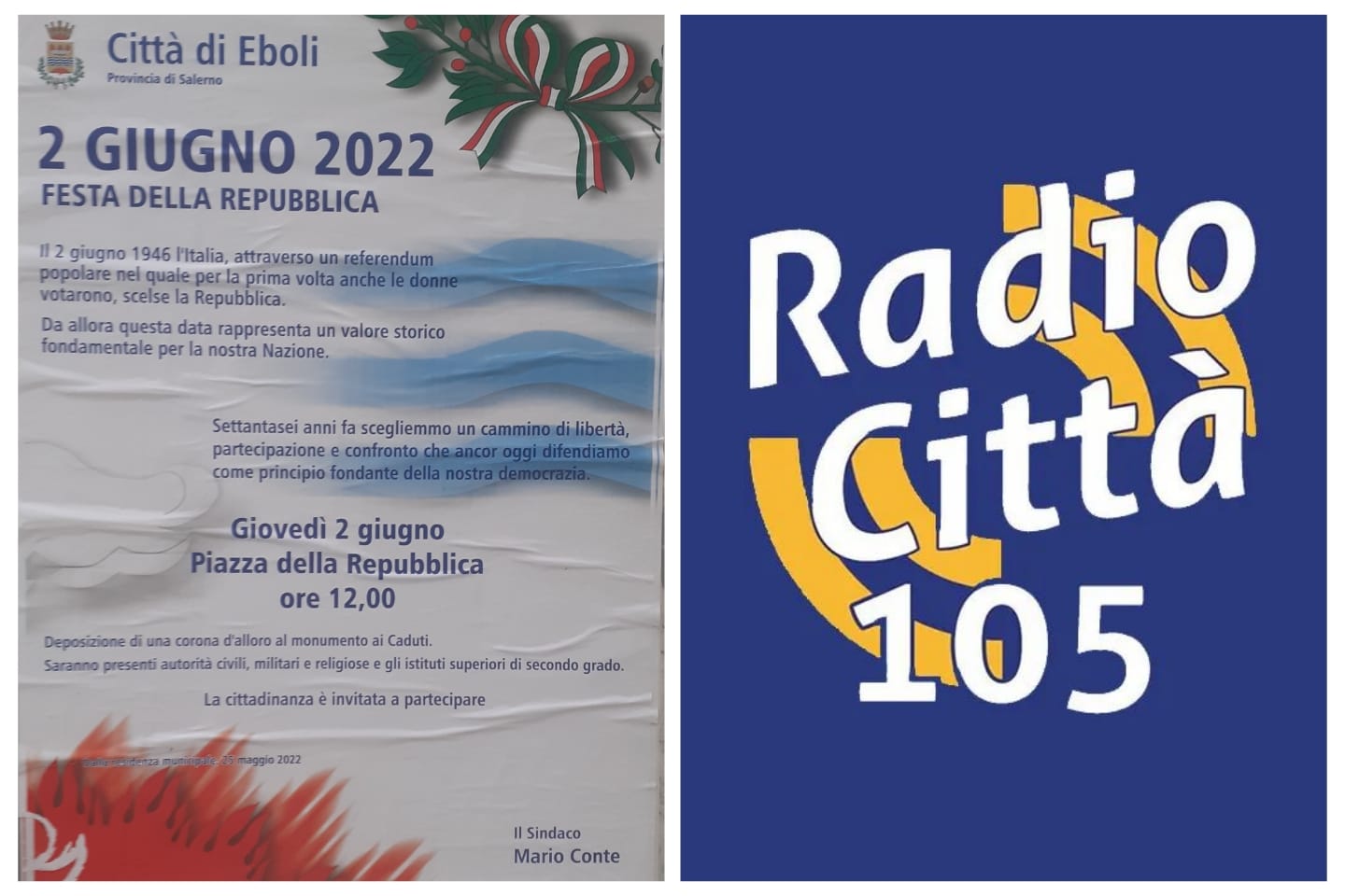 EBOLI: 2 giugno 2022-Festa della Repubblica in Piazza della Repubblica-Diretta di Radio Città 105